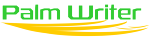Palm Writer Logo - Words Palm Writer in Green With Yellow Serif Evocative of A Hand Supporting The Letters.