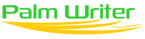 Palm Writer Logo - Words Palm Writer in Green With Yellow Serif Evocative of A Hand Supporting The Letters