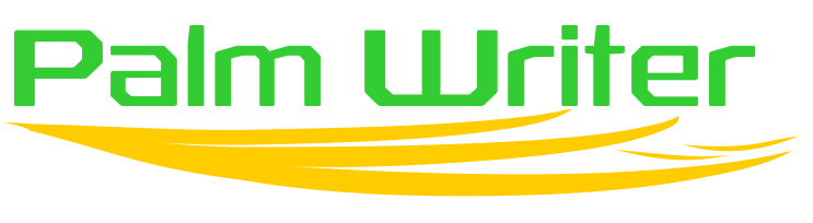 Palm Writer Logo - Words Palm Writer in Green With Yellow Serif Evocative of A Hand Supporting The Letters