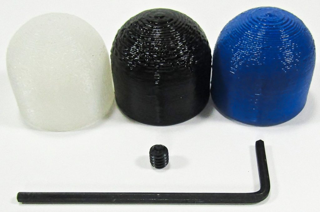 Easy Off Rugged Tips For Distinctive Canes. Left To Right: Standard Tip, Color Matched Black and Blue Tips. Shown With Accompanying Set Screw and Allen Wrench